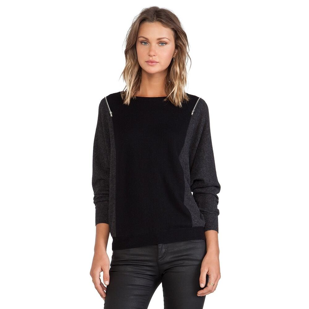 Autumn Cashmere Color Block Dolman Sweater Black Pepper with Zipper Shoulder S